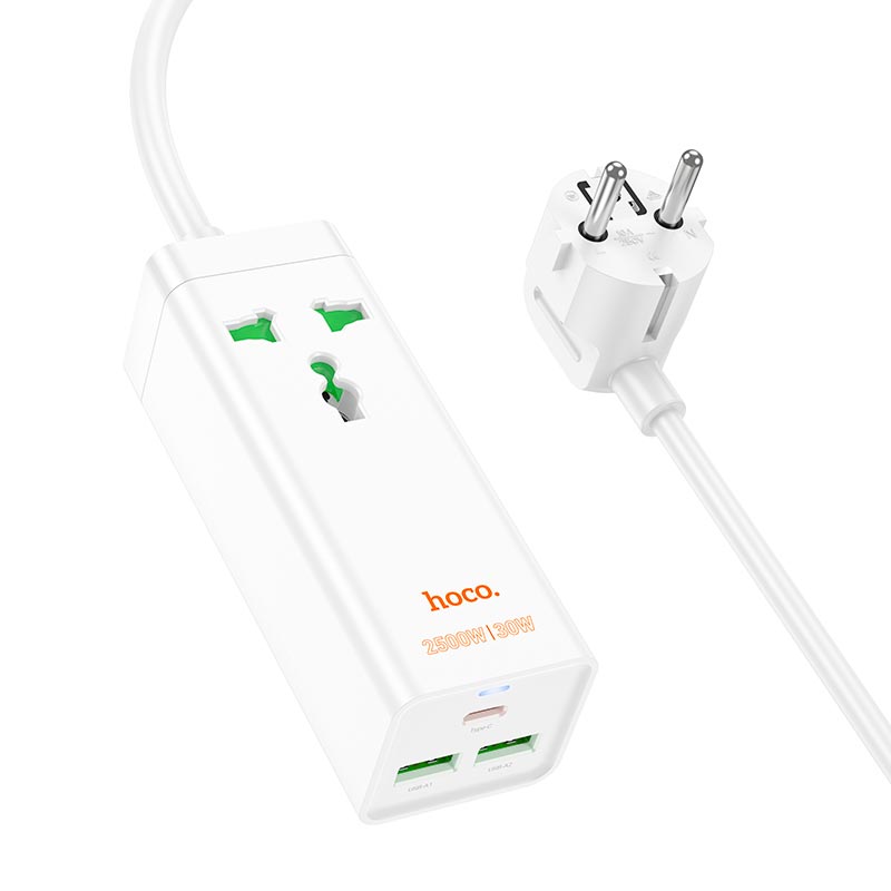 Мережевий подовжувач Hoco AC9A |2USB/Type-C, PD/QC, 30W/10A| Білий