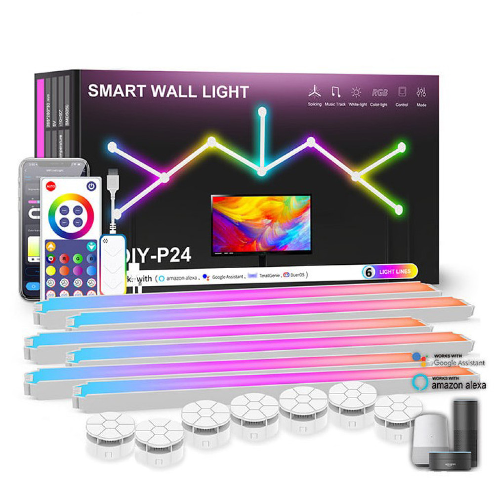 Настінні модульні Smart LED панелі DIY-P24 RGBIC довжиною 24 см з Bluetooth, пультом, USB (набір із 6 шт.) Білий