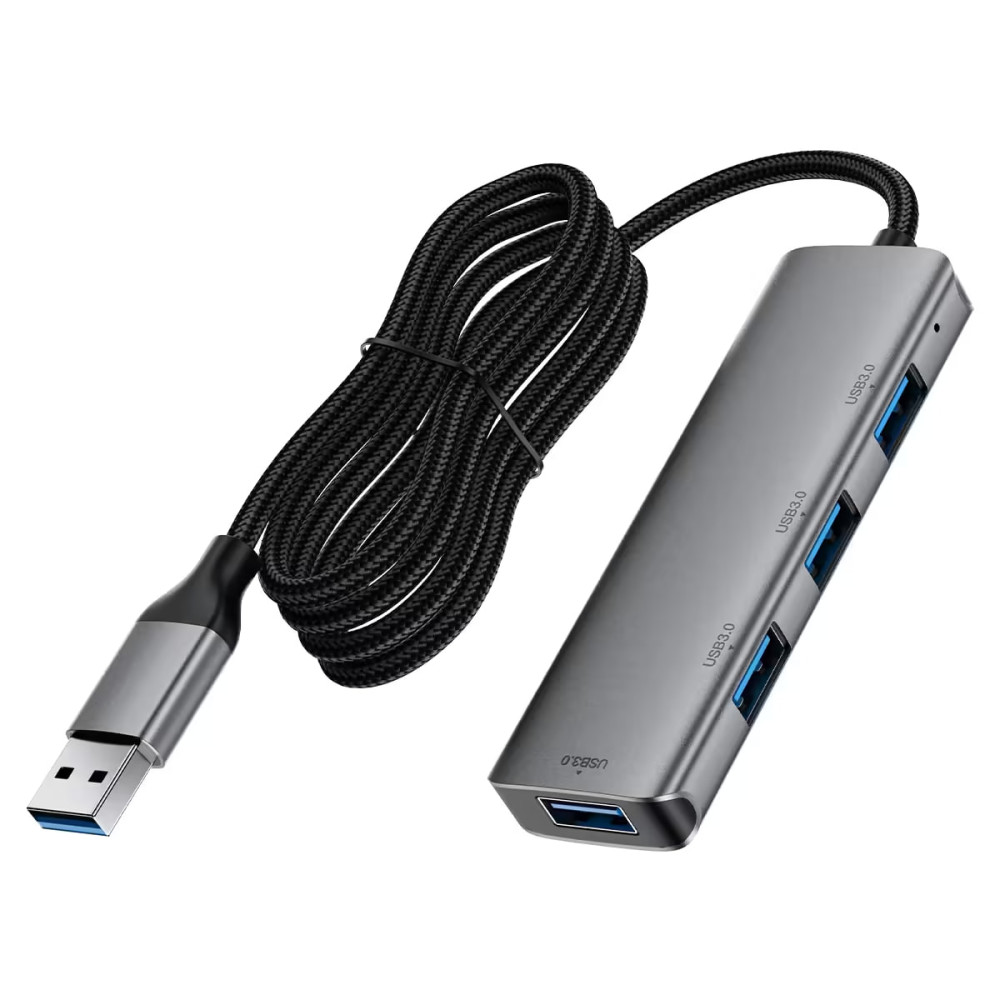 USB Хаб AceFast J17 4-в-1 USB 3.0 (5 Гбіт/с), Алюмінієвий корпус, Кабель 1м — Сірий