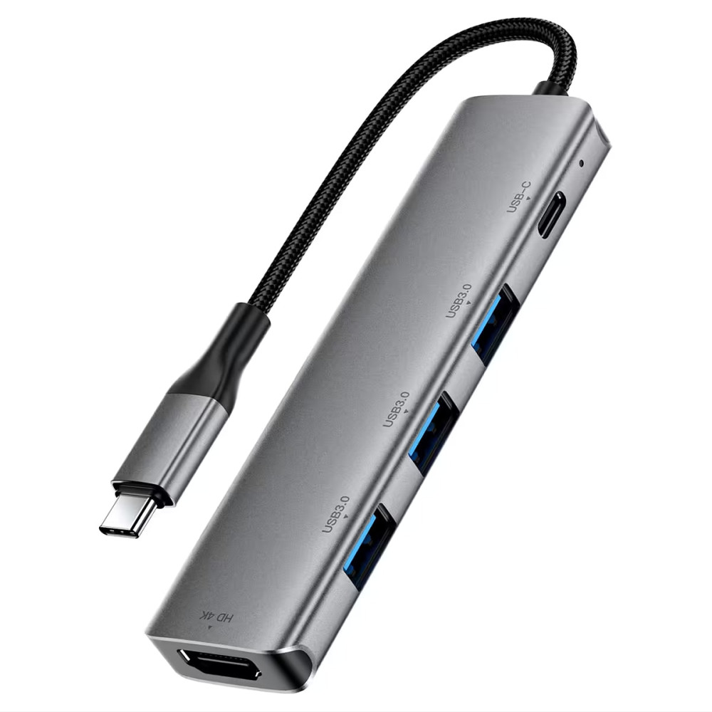 Док-станція хаб USB-C Hub AceFast J16 5-в-1 (3xUSB 3.0 + USB-C PD90W + HDMI 4K/60Hz) Алюміній — Сірий