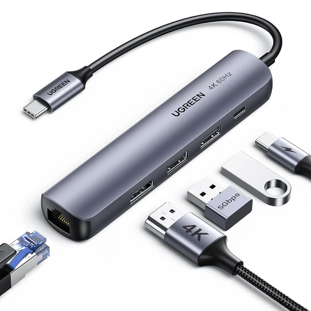 USB-хаб Ugreen CM418 5-в-1 USB-C HDMI 4K 60Hz RJ45 PD 100W 2xUSB 3.0 20 см Темно-сірий